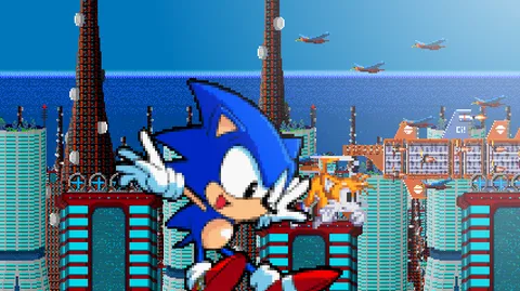 Sonic After the Sequel - futuristic city with Sonic and Tails