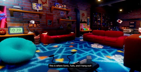 Sonic Breeze - The Lab hub world with red couches and Sonic memorabilia