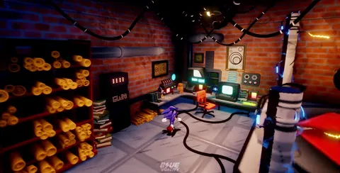 Sonic Breeze - Workshop area with blueprints and retro computers