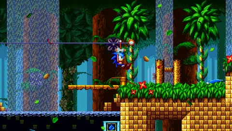 Sonic Megamix Mania - Sunny Shores Zone tropical beach stage with palm trees and waterfalls