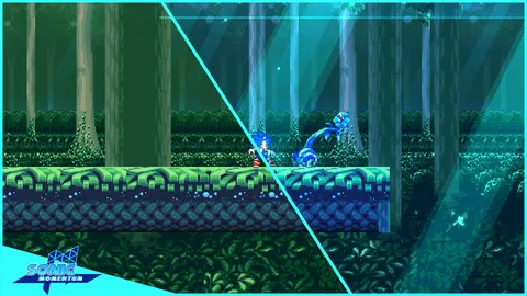 Sonic Momentum - Gameplay showing parallax backgrounds and speed sections