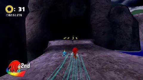 Sonic Battle R - Knuckles boosting through a dark rocky mountain stage
